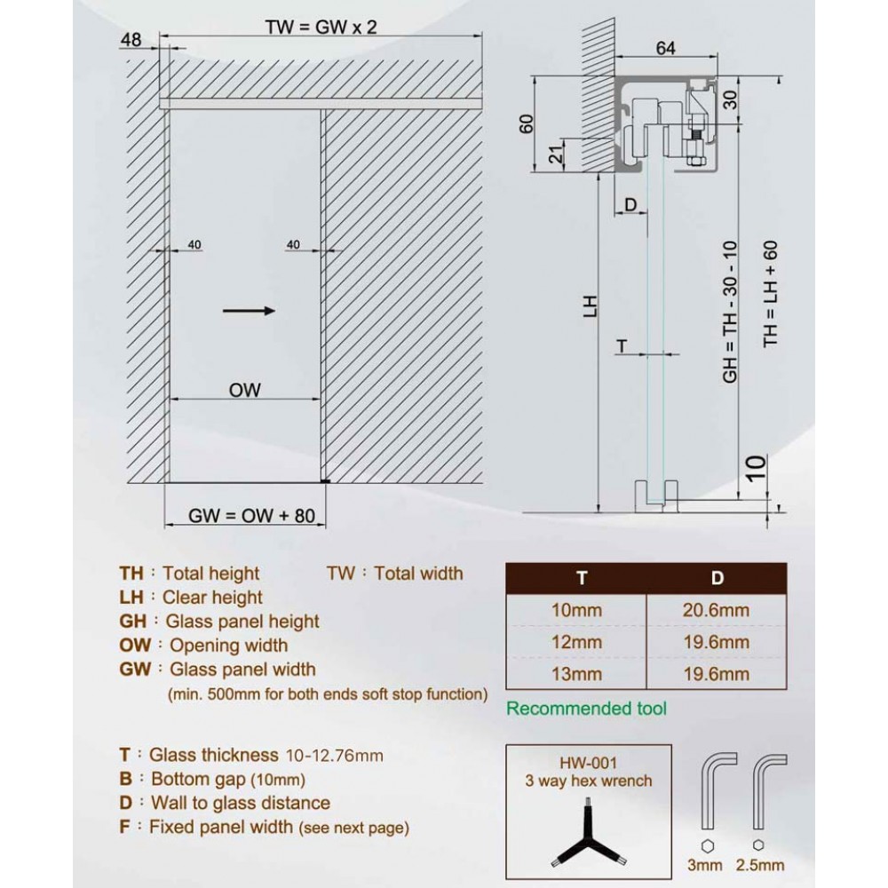 Brisa 180H Soft Close Sliding Door Kit 10mm - Alum