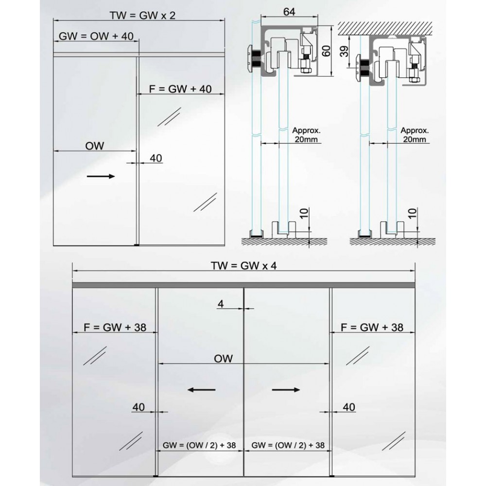 Brisa 180H Soft Close Sliding Door Kit 10mm - Alum