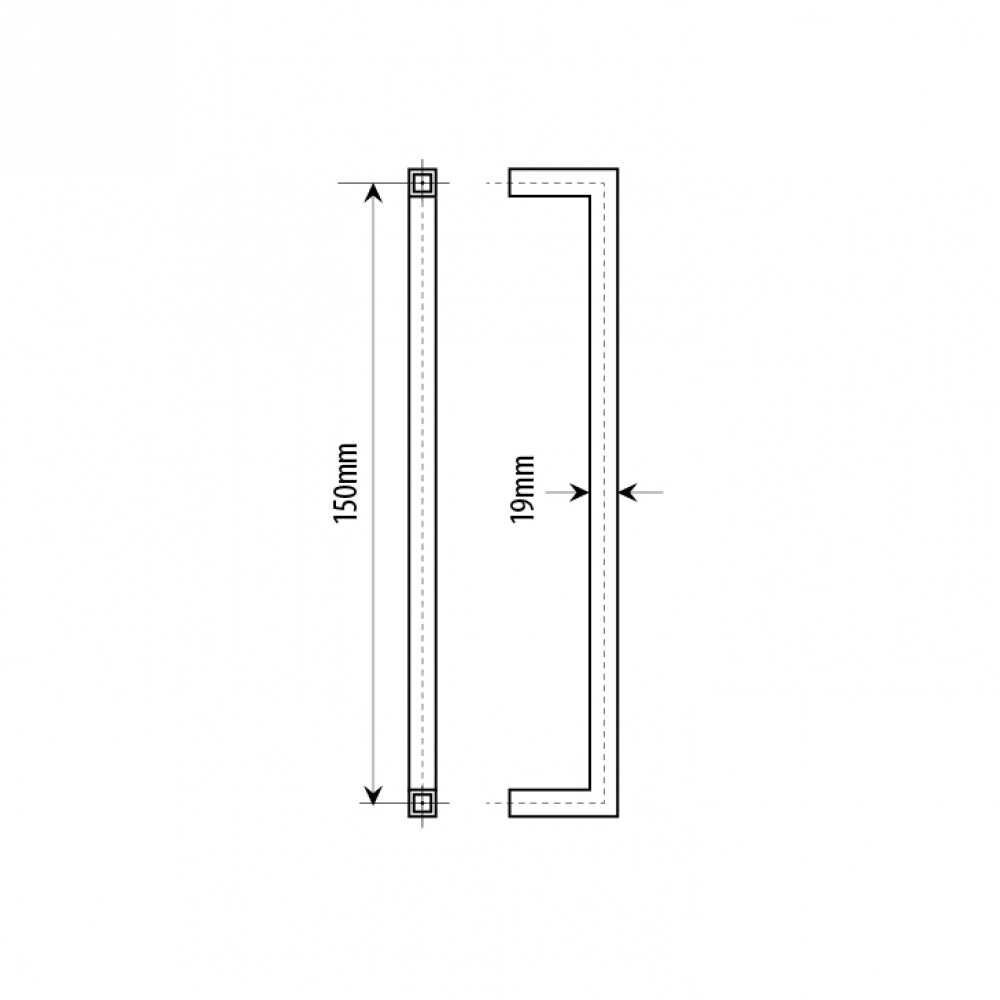 150mm Door Handle 19mm Square Tube  Brushed Stainless