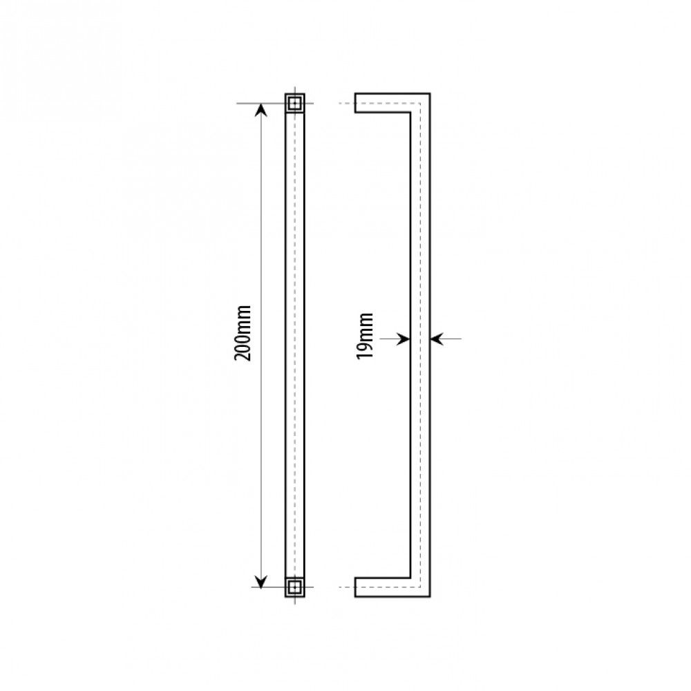 200mm Door Handle 19mm Square Tube Brushed Stainless