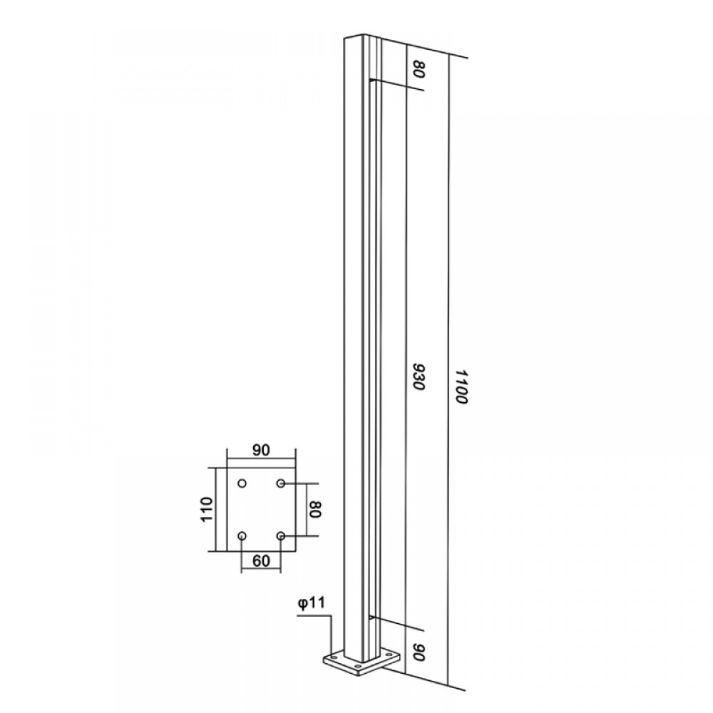 Top Mounted EaziRail 90 Deg Ext Post - 1100mm - Anodised