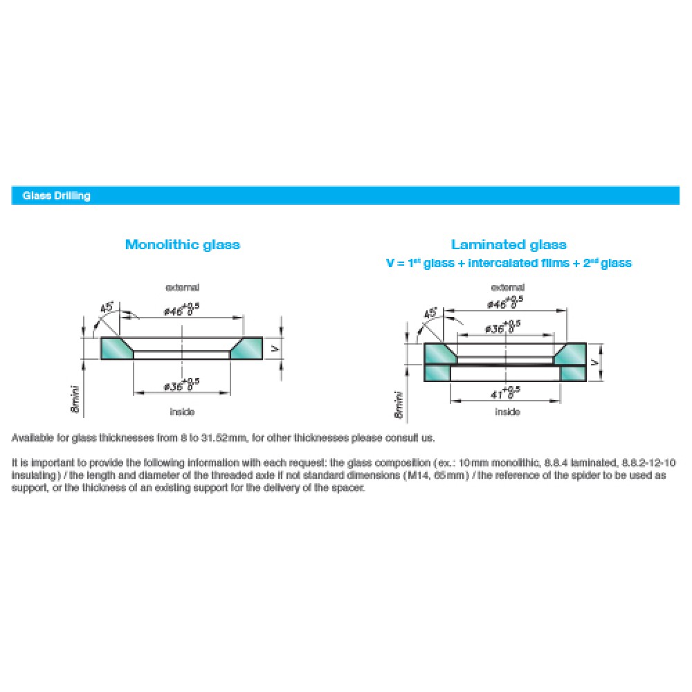 Countersunk Fixed Bolt For 22 - 26mm Thick Glass (Outside Fi