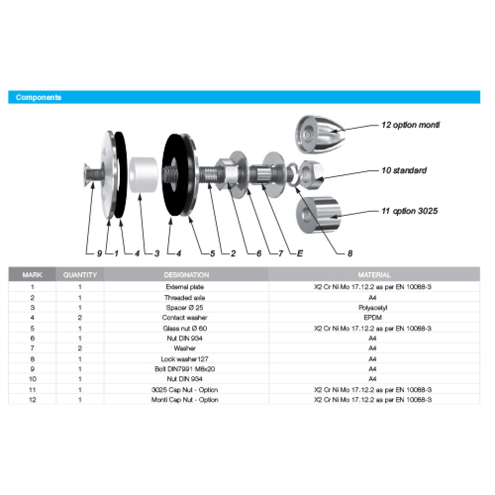 60mm Dia. Flat Head Fixed Bolt For 6 - 22mm Thick Glass