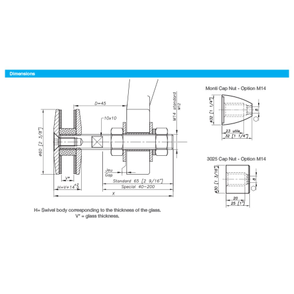 60mm Dia. Flat Head Fixed Bolt For 6 - 22mm Thick Glass