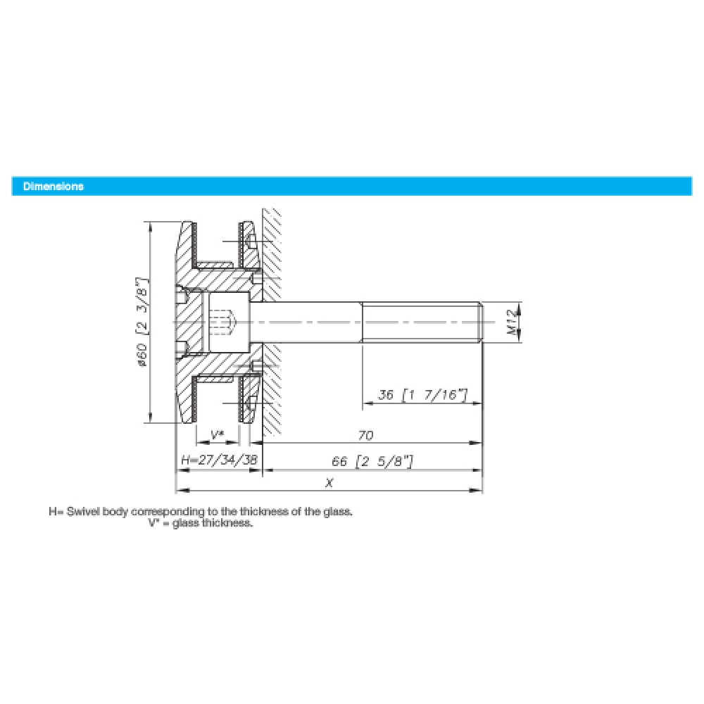 60mm Dia. Flat Head Fixed Bolt For 22 - 26mm Thick Glass (Ou