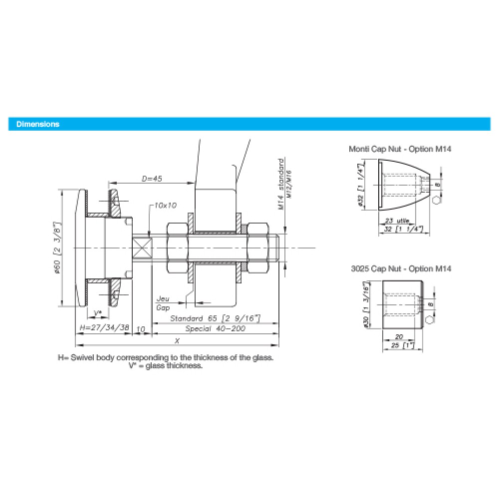 60mm Dia. Flat Head Fixed Bolt For 15 - 22mm Thick Glass