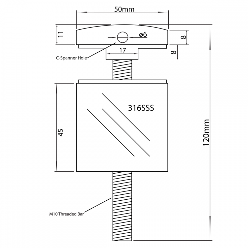 50mm Point Fixture With 45mm Standoff 316SSS (Certified)