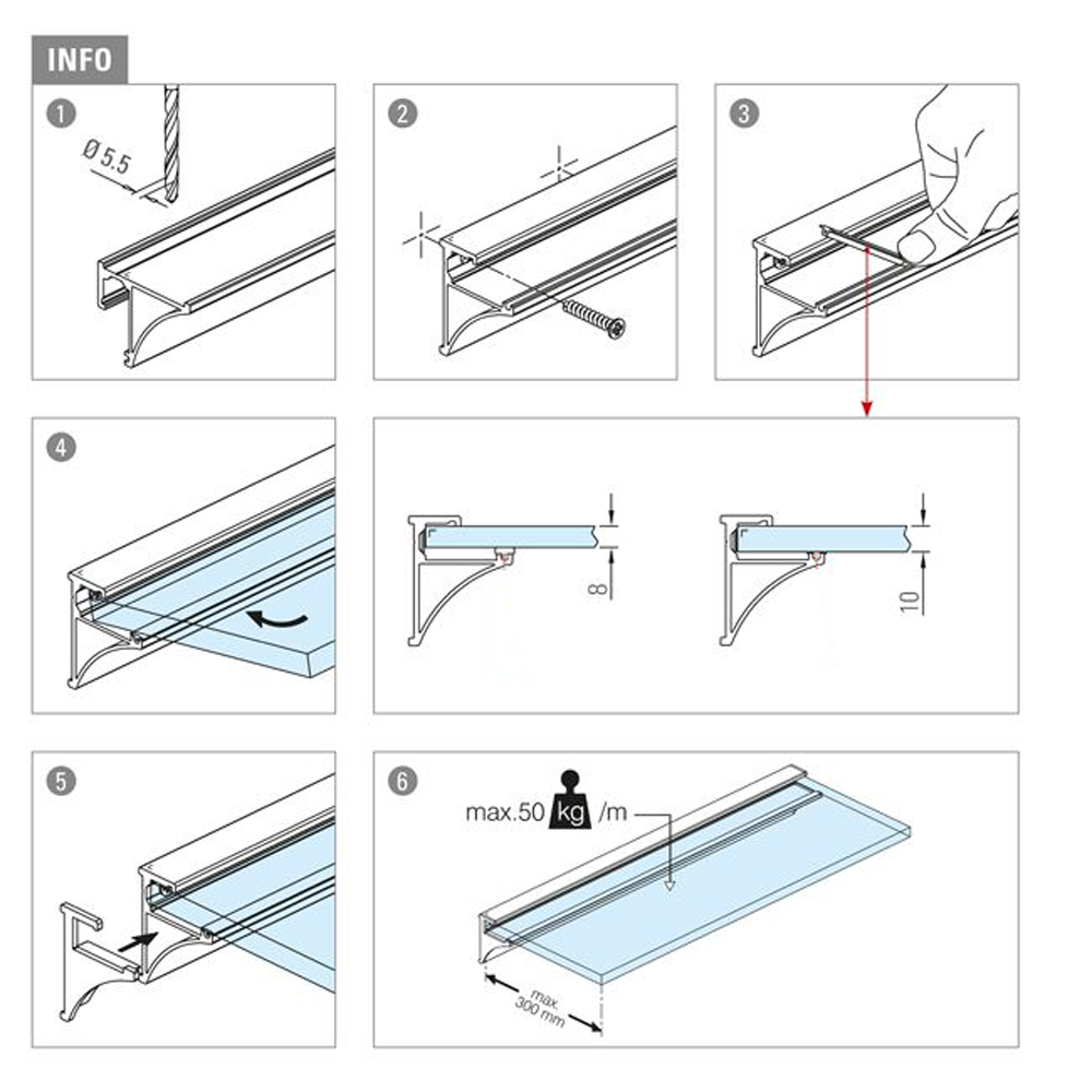 Glass Shelf Profile - 10mm or 8mm Glass - SS Effect